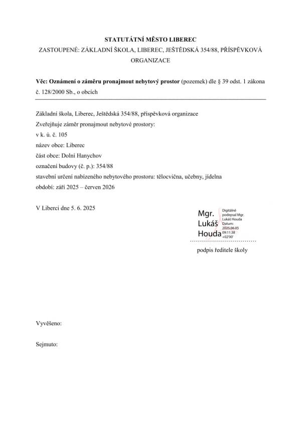 Oznámení o záměru pronajmout nebytový prostor